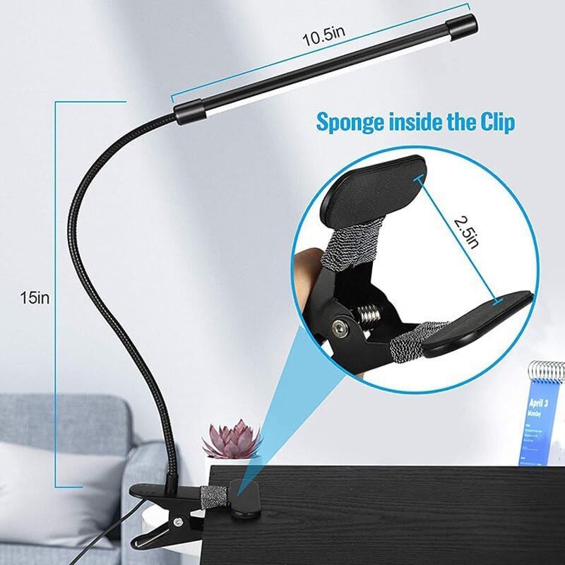 HFENGKG Lámpara LED de escritorio con clip, protección ocular, 3 colores claros, 10 brillos regulables, luces negras para libros para lectura y