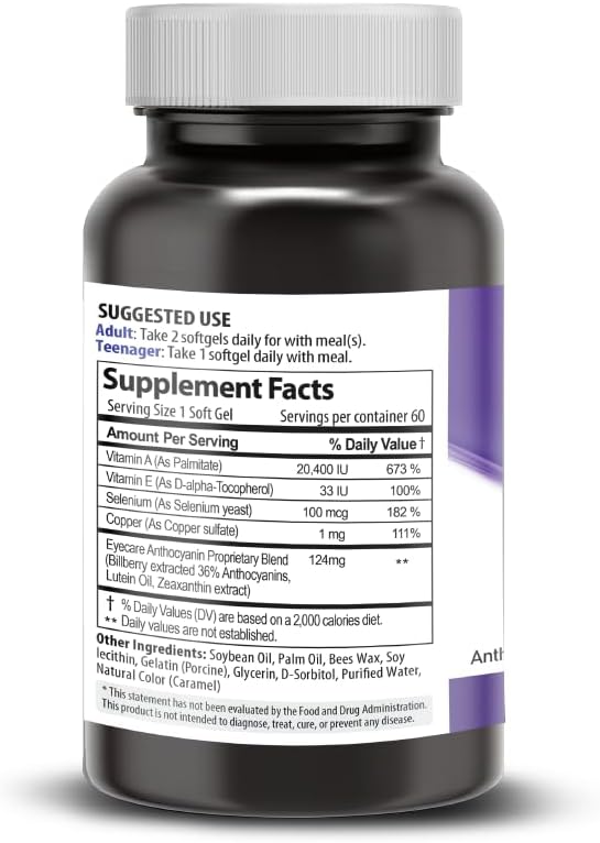 NANOWELL EyeCare Antocianinas 100-60 cápsulas blandas x 1 botella durante 2 meses, suplemento de salud ocular, vitaminas oculares, luteína (60