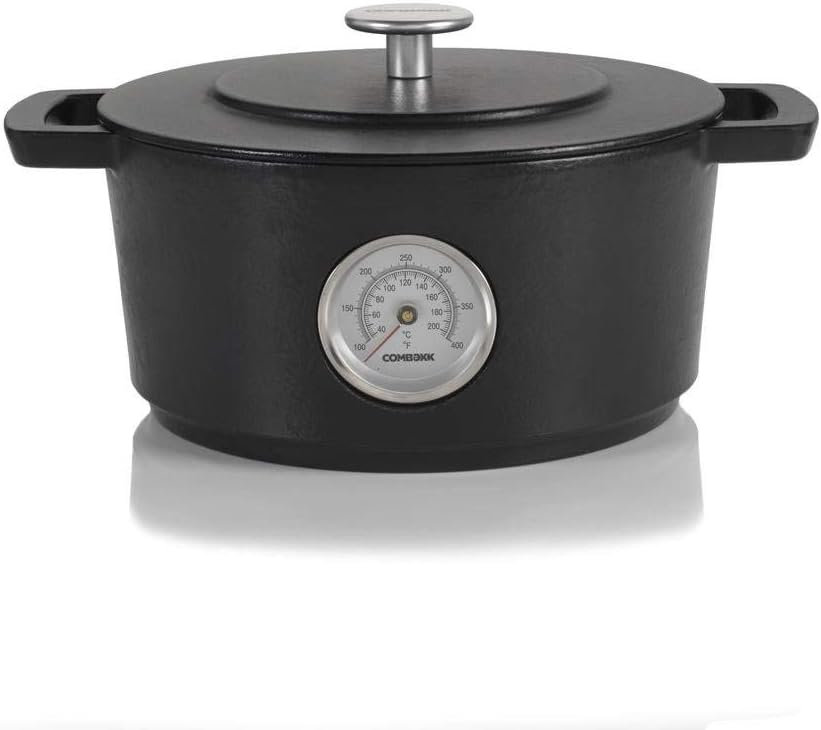 Combekk RAILWAY – Horno holandés de hierro fundido esmaltado reciclado de 4.25 cuartos de galón con termómetro, negro, 9.5 pulgadas