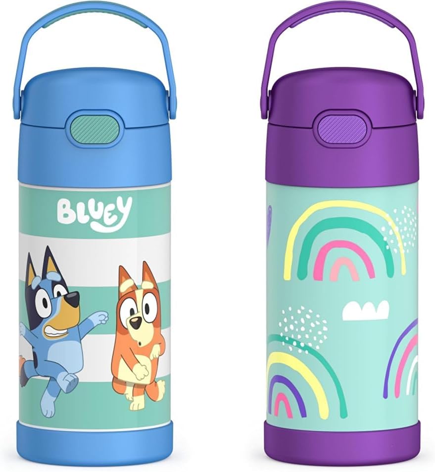 THERMOS FUNTAINER – Botellas de agua de acero inoxidable con aislamiento al vacío para niños, 12 onzas, azul y arcoíris