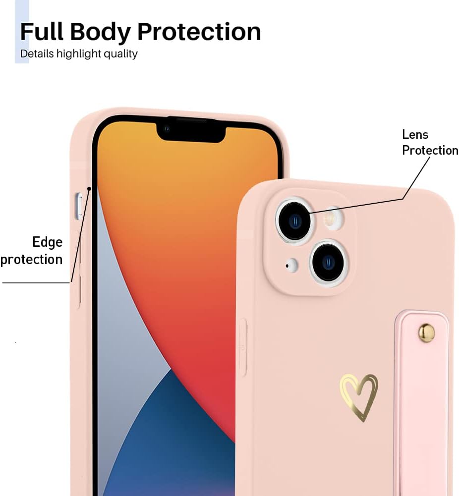 Funda compatible con iPhone 14 Plus de 6.7 pulgadas para mujeres y niñas, bonito patrón de corazón dorado con soporte de mano para muñeca, delgada,