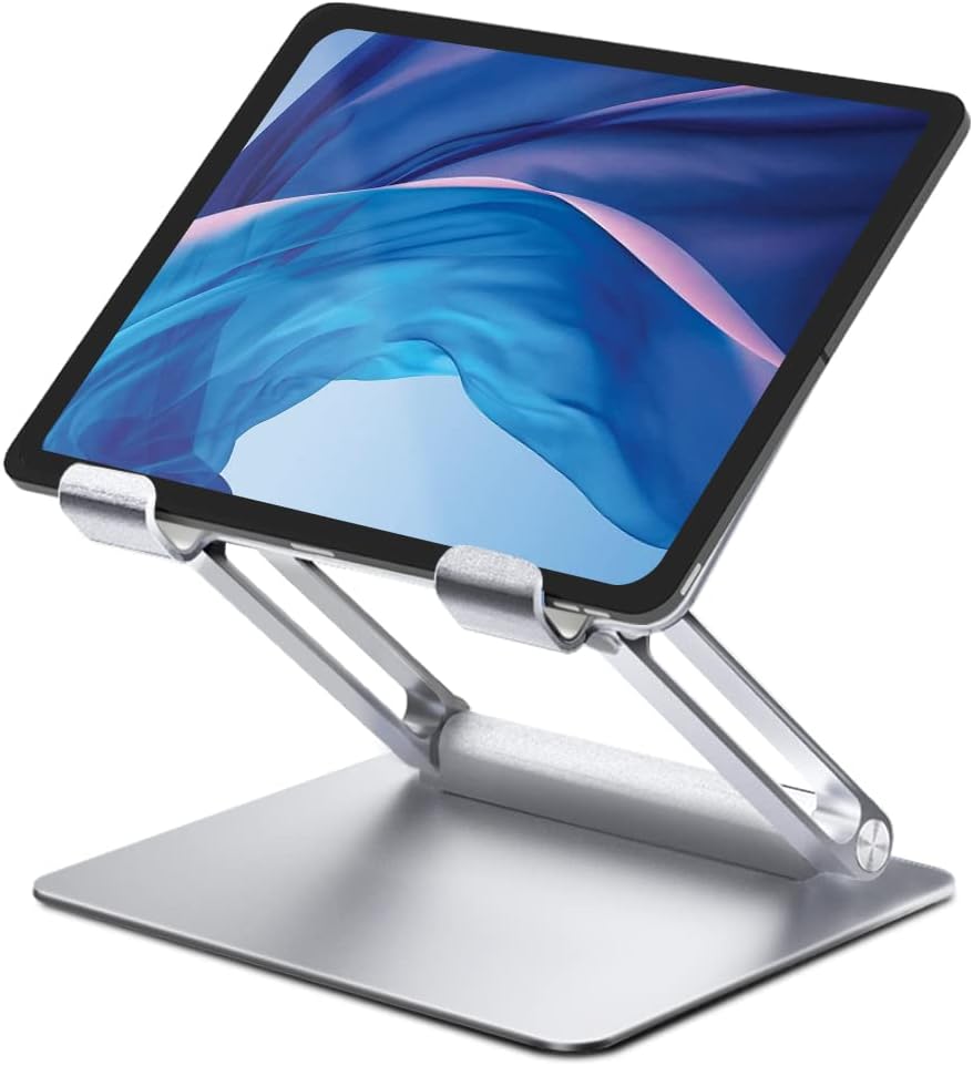 ALASHI Soporte para tablet para escritorio, soporte ajustable multiángulo, diseño ergonómico portátil plegable, elevador de tableta de metal premium