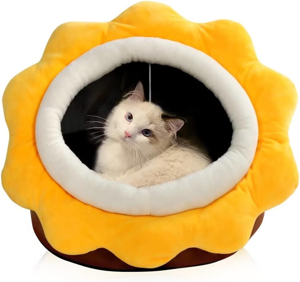 Camas para gatos de interior  Cama pequeña para gatos con parte inferior antideslizante, cueva en forma de girasol para gatosperros con juguete
