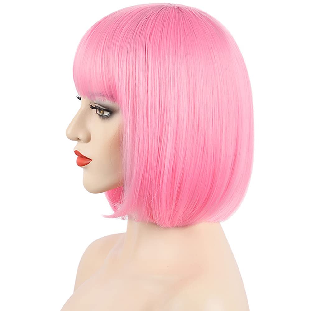 Peluca Bob con flequillo, pelucas rosas de 12 pulgadas para mujer, pelucas cortas de aspecto natural con flequillo, peluca Bob súper linda fácil de