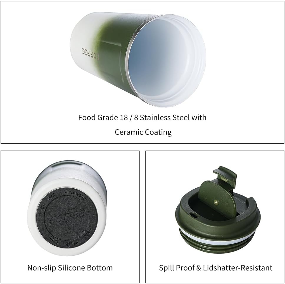 Avovy Taza de viaje de café con revestimiento de cerámica de 17 onzas, vaso aislado al vacío para automóvil con tapa a prueba de fugas, verde