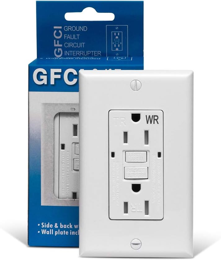 GFCI – Receptáculo de salida de 15 amperios  Certificado UL GFCI, reemplazo resistente a la intemperie, resistente a manipulaciones, tomas dúplex