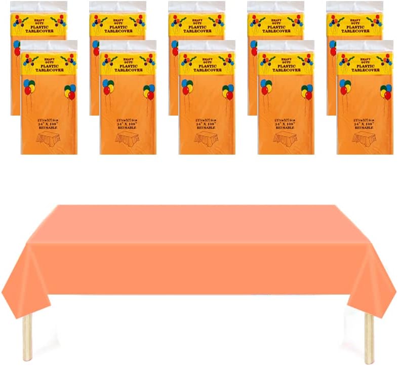 Paquete de 10 manteles de plástico naranja para mesas rectangulares, manteles de plástico de 54 x 108 pulgadas para fiestas, desechables para