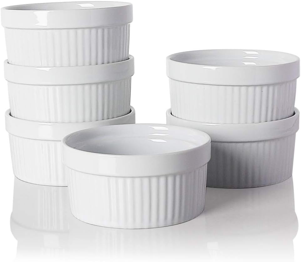 Sweejar Ceramics – Platos de soufflé, ramequines, 8 onzas para hornear, pudín, crema brulee, soufflé, juego de 6 unidades (blanco)