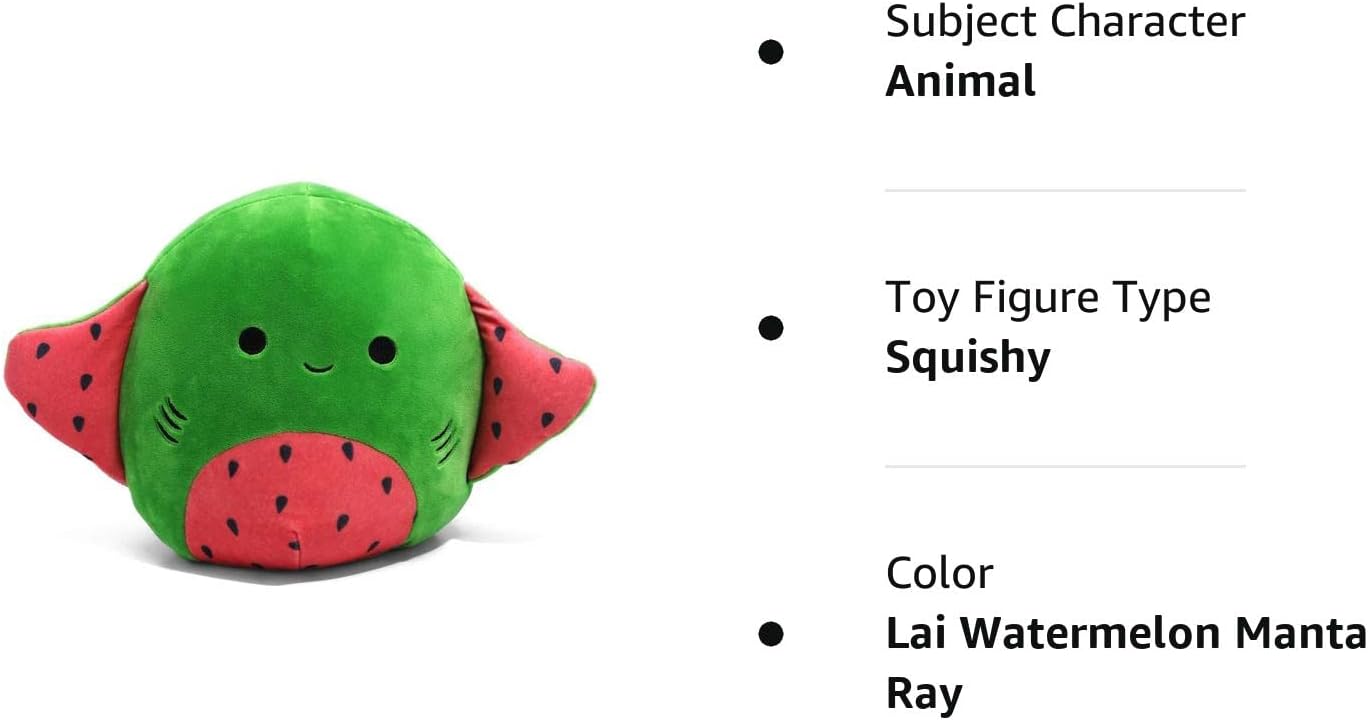 Squishmallow Oficial Kellytoy Food Squad – Juguetes de peluche suave (Lai Watermelon Manta Ray, 8 pulgadas)