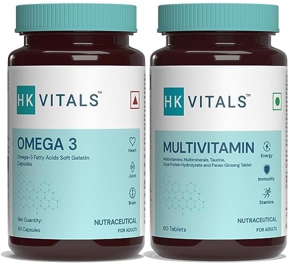 HK Vitals Omega 3 Suplemento y Multivitamínico Combo, Paquete de 60 Omega 3 Cápsulas + 60 Tabletas Multivitamínicas