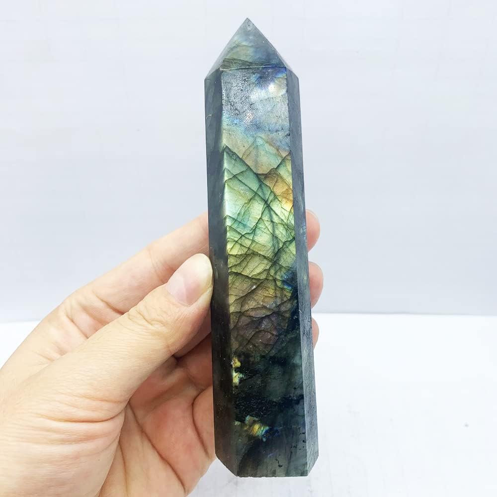 FEIXI Piedra curativa de labradorita de cristal natural, piedra curativa de cuarzo con obelisco, piedra energética (1.5 libras)