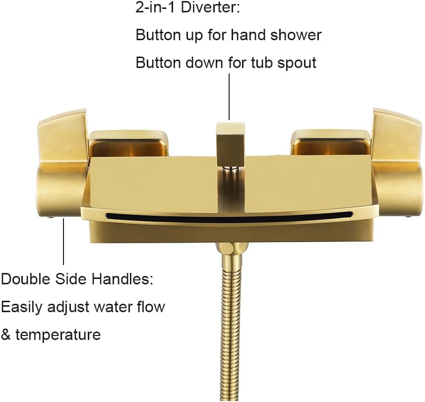 Grifo de bañera en cascada de montaje en pared con ducha de mano, relleno de bañera de oro cepillado de 2 asas, grifo de pared de latón con