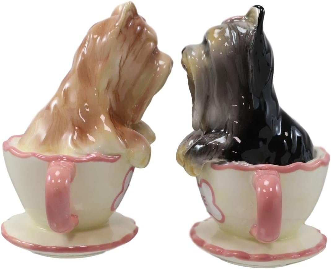 Ebros – Juego de salero y pimentero de cerámica de Yorkshire Terriers Yorkie de cerámica con tazas de té, juego de salero y pimentero, figuras de
