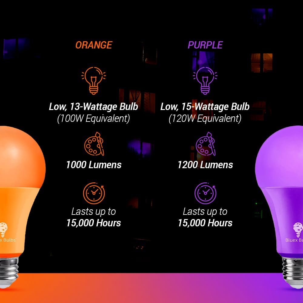 BlueX – Paquete de 4 bombillas LED A21 moradas y naranjas, 15 W (equivalente a 120 vatios), base E26, decoración de fiesta, porche, iluminación del