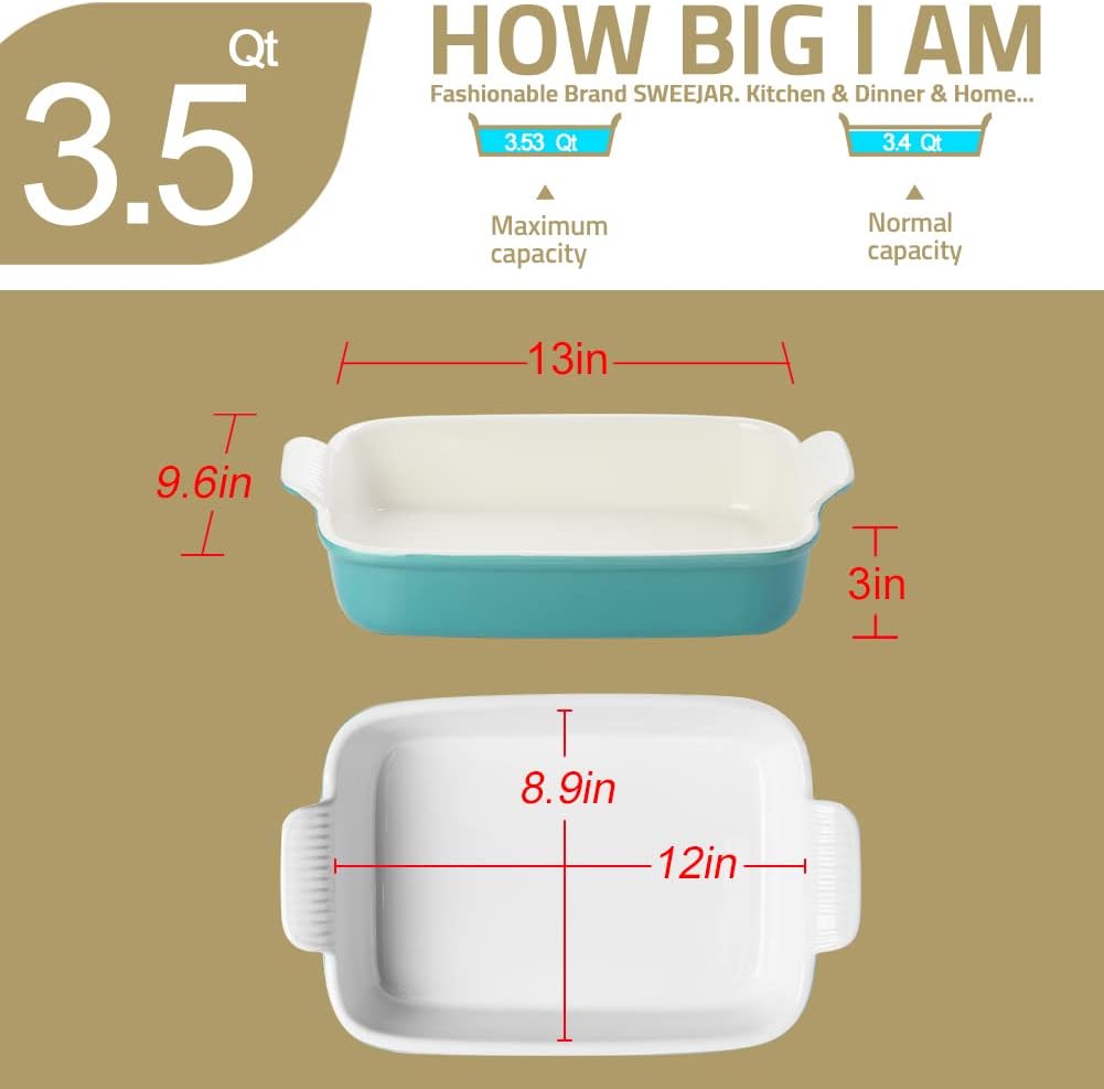 Sweejar Plato de porcelana para hornear, cazuela para horno, utensilios rectangulares de 13 x 9.8 pulgadas, bandeja para lasaña profunda con asas