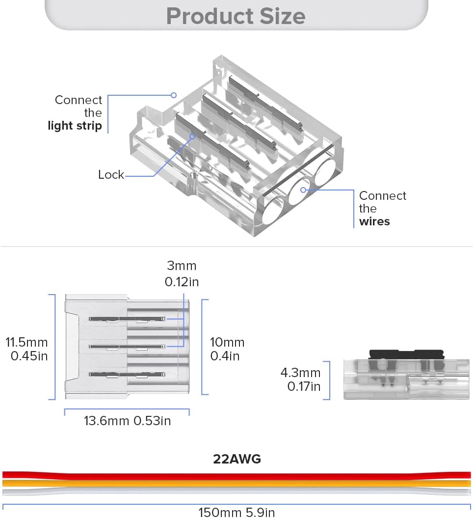 SEZO Kit de conectores de tira de luz LED de 3 pines de 0.394 in, 12 conectores transparentes sin cables sin soldadura + 6 piezas de 5.9 in de largo