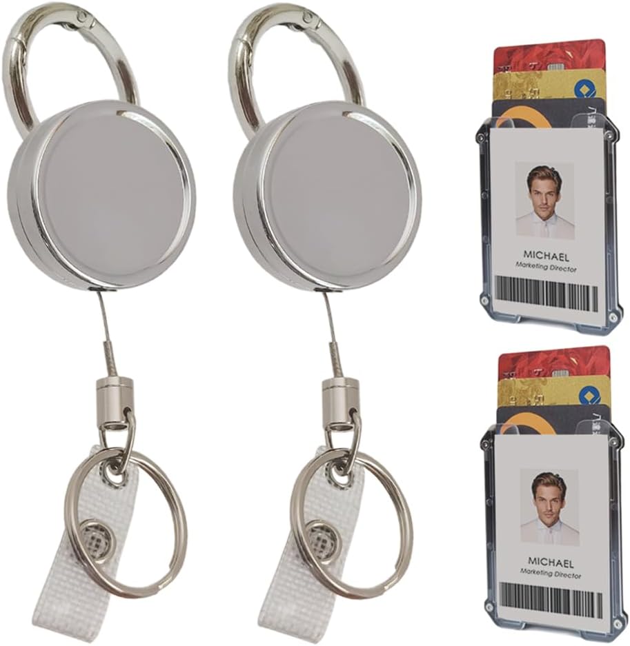 WENSUNNIE Paquete de 2 portatarjetas de identificación (tiene 1 a 4 tarjetas), llavero retráctil con clip, mosquetón resistente, soporte para