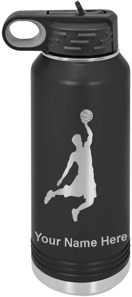 LaserGram Botella de agua con tapa abatible de doble pared de 32 onzas con pajilla, Basketball Slam Dunk Man, grabado personalizado incluido (negro)