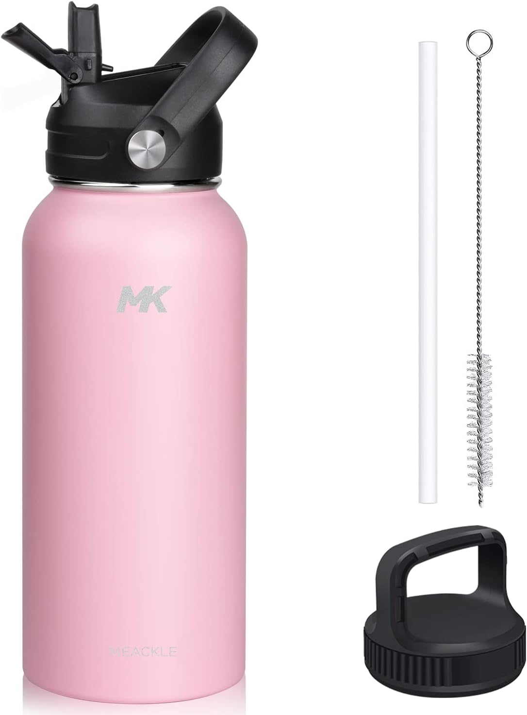 Botella de agua aislada de 32 onzas con popote y 2 tapas, botella de metal de medio galón, jarra de agua grande doble de acero inoxidable, taza de