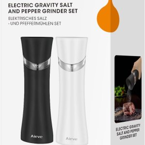 Aieve Juego de molinillo de sal y pimienta por gravedad, molinillo eléctrico automático para especias Aieve Juego de molinillo de sal y pimienta por gravedad, molinillo eléctrico automático para especias