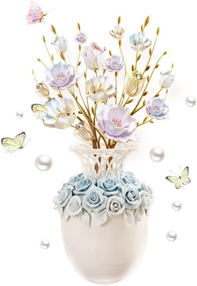 Calcomanías de pared de flores de colores en relieve, jarrón 3D, autoadhesivas, impermeables, papel de pared extraíble, decoración de pared para
