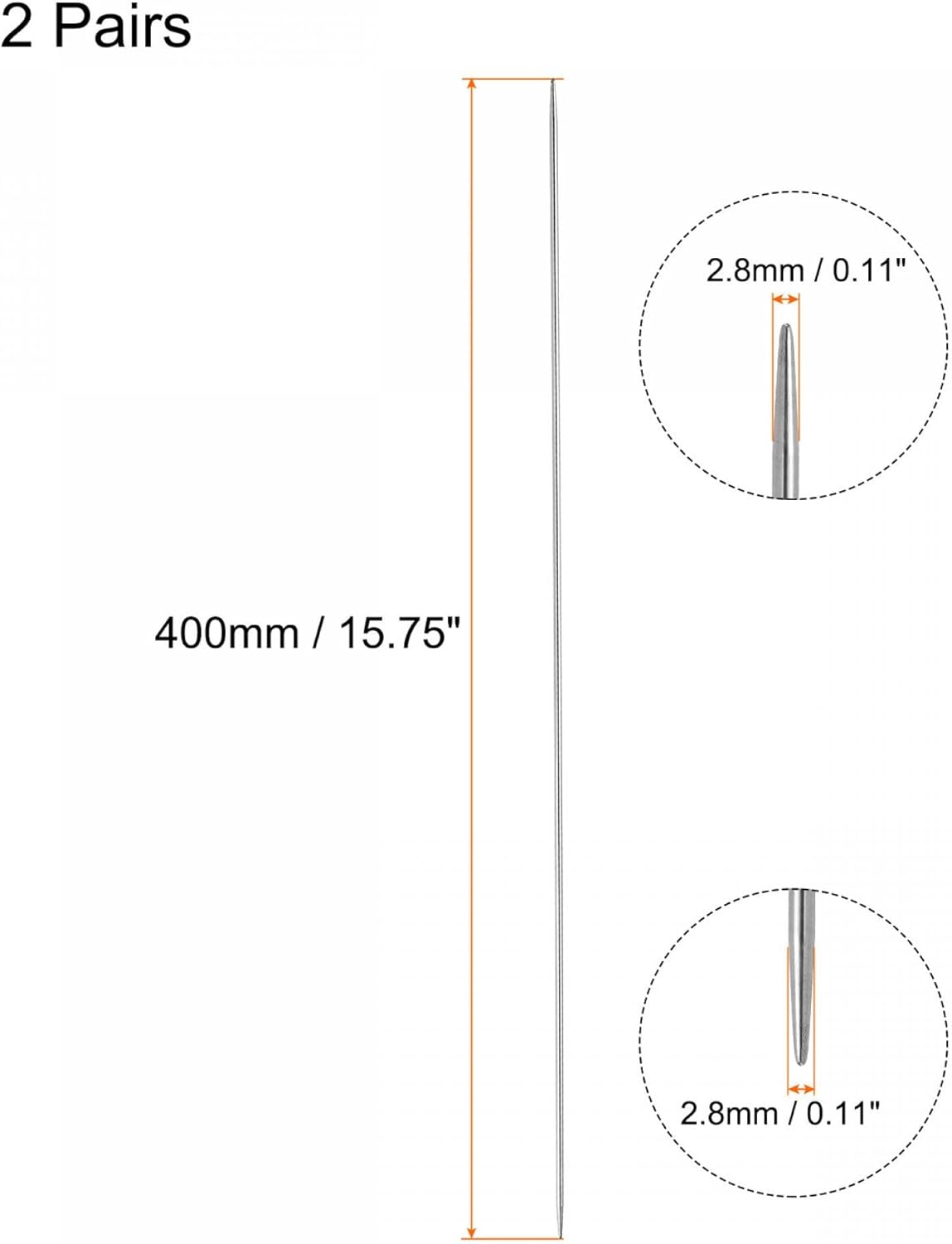 uxcell Juego de 2 pares de agujas de tejer, 0.110 in de diámetro, 15.75 pulgadas de largo, acero inoxidable, agujas de suéter de doble punta para
