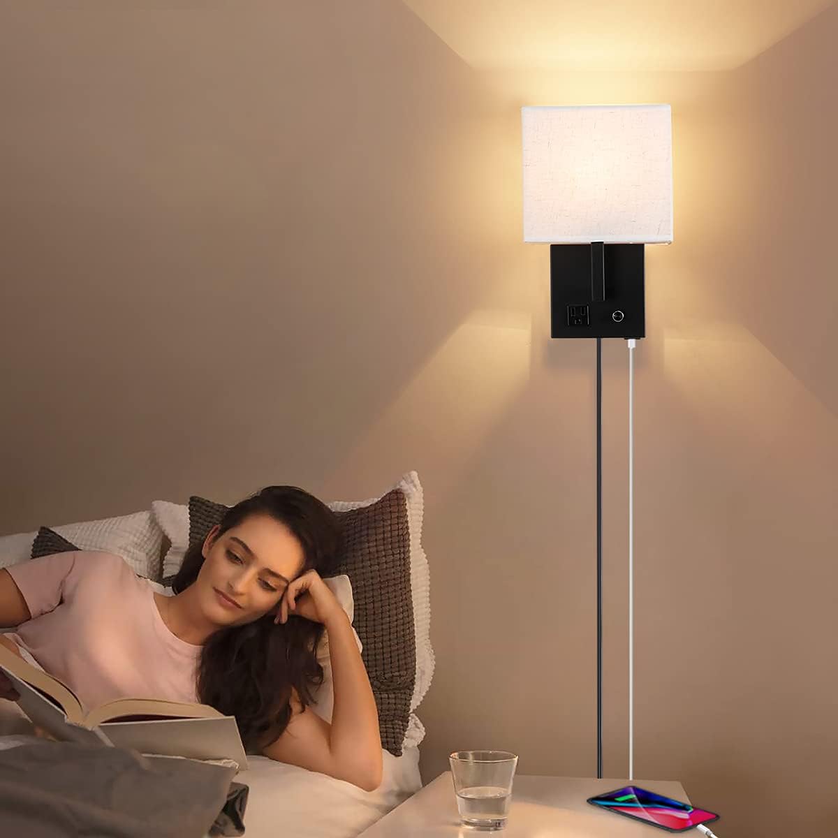 Aplique de pared enchufable, lámpara de pared de cabecera con enchufe e interruptor regulable, con puerto de carga USB y enchufe, adecuado para