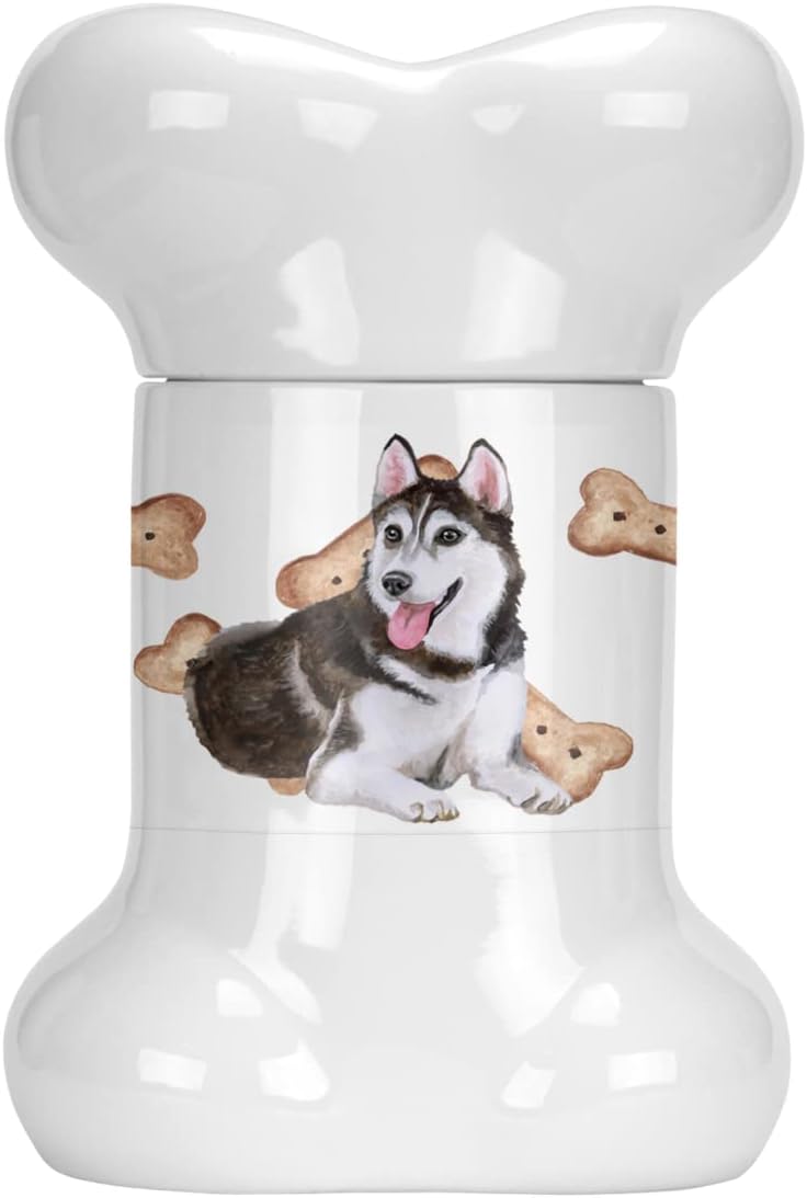 Caroline’s Treasures CK2292BSTJ Husky siberiano #2 – Tarro de golosinas en forma de hueso para perros con tapa para galletas y galletas, color blanco