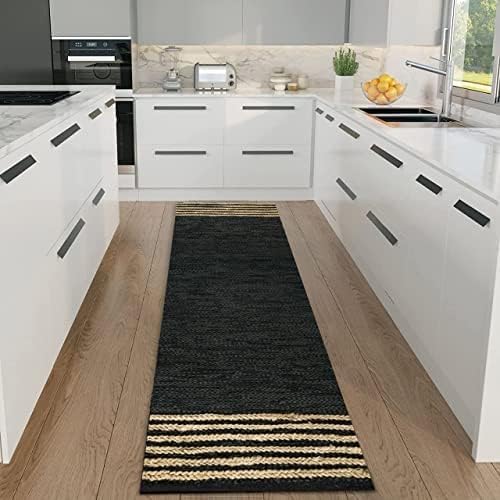 GRUHUM Alfombra rectangular de yute de 2 pies 6 x 14 pies, de fibra natural, color negro, rectangular, de cuero, tejida a mano, estilo bohemio,