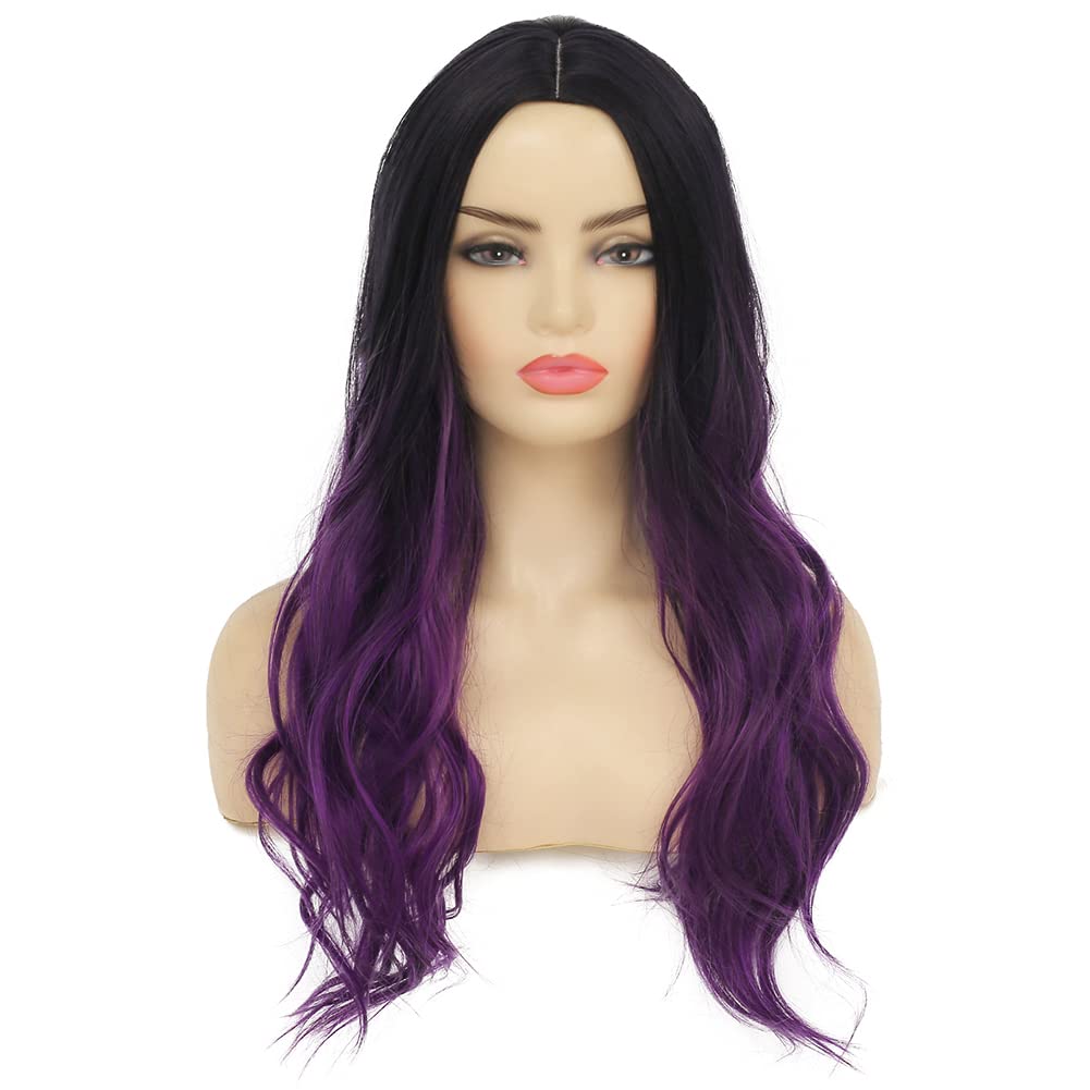 Pelucas largas rizadas y onduladas de color morado degradado para mujer, pelucas de cabello sintético con raíces oscuras, cosplay, fiesta de