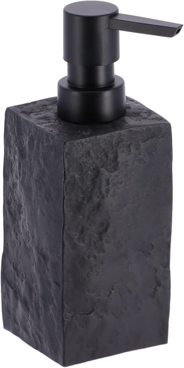 Dispensador de jabón de manos y loción de resina cuadrada de baño, efecto piedra, 9 onzas líquidas, negro