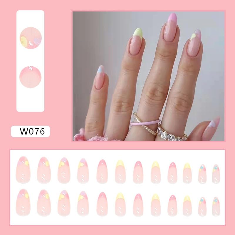 Uñas a presión  Uñas transparentes de color macarrón con forma de almendra, comodidad supremamente ajuste y pegamento cuadrado de gel suave natural,
