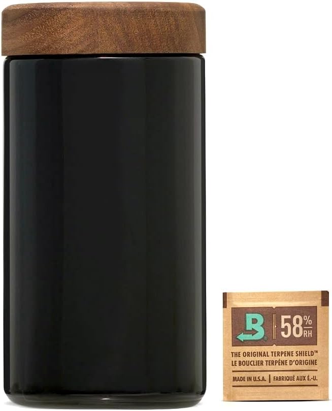 Tarro de vidrio hermético de 1 oz para hierbas y especias. Protección UV de vidrio negro con tapa de madera de nogal y paquete de humedad.
