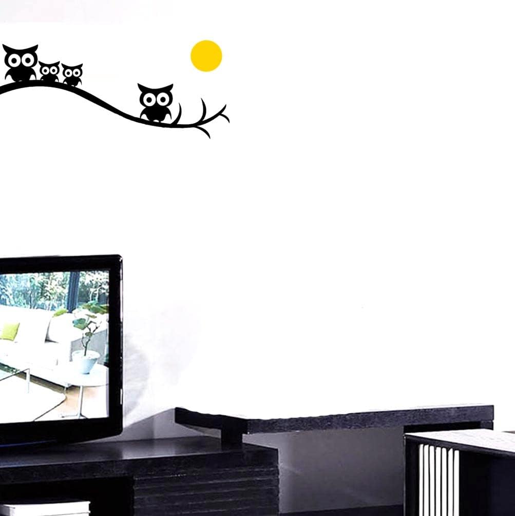 BIBITIME Calcomanía de pared de la familia de búhos, diseño de pájaros, rama de árbol, noche, amarillo, redondo, luna, para habitación de niño y niña