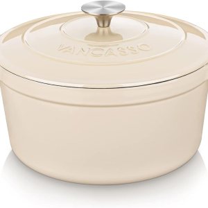 vancasso Horno holandés de hierro fundido, olla holandesa de 6 cuartos de galón con tapa, horno holandés redondo olla de hierro fundido con vancasso Horno holandés de hierro fundido, olla holandesa de 6 cuartos de galón con tapa, horno holandés redondo olla de hierro fundido con