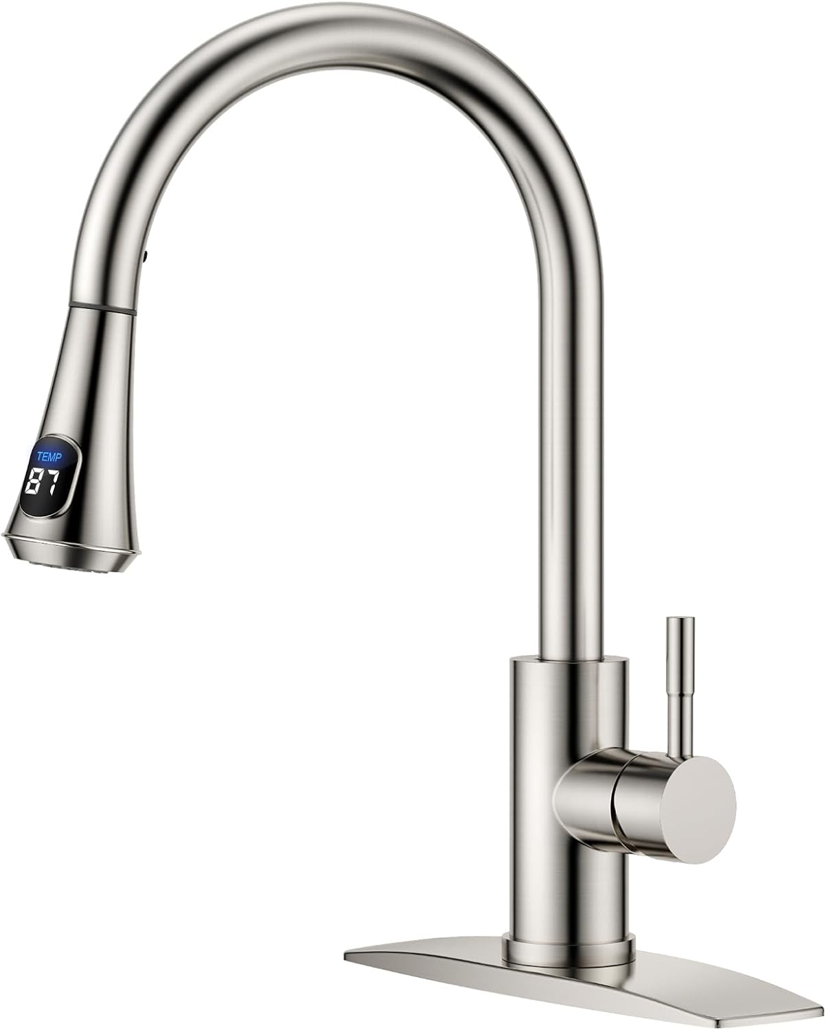 FORIOUS Grifo de cocina LED con rociador extraíble, níquel cepillado, grifo de fregadero de acero inoxidable moderno de una sola manija con pantalla