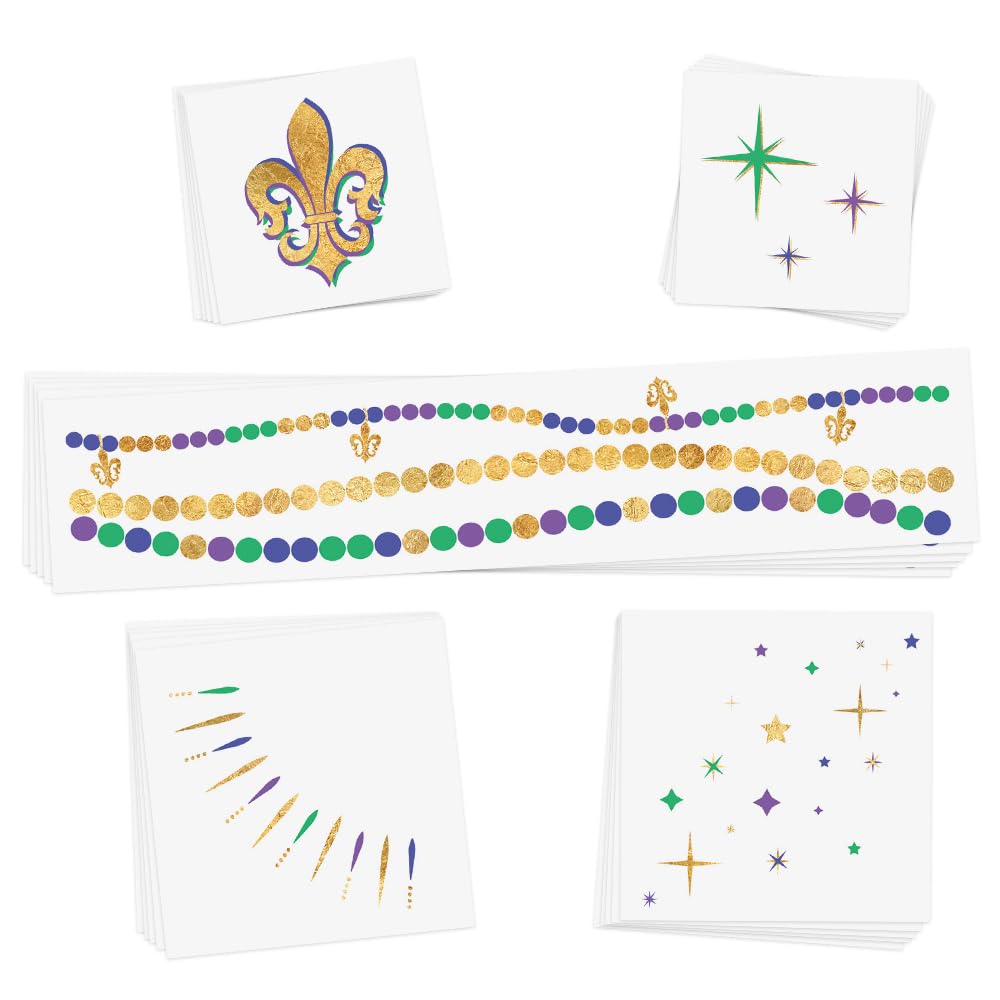 Flash Tattoos Mardi Gras Magic Variety juego de 25 tatuajes temporales  Recuerdo de fiesta de Mardi Gras  Flor de lis, cuentas de Mardi Gras,