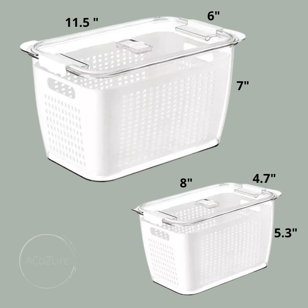 Contenedor de almacenamiento para refrigerador de cocina, paquete de 2 con cestas de drenaje y tapas