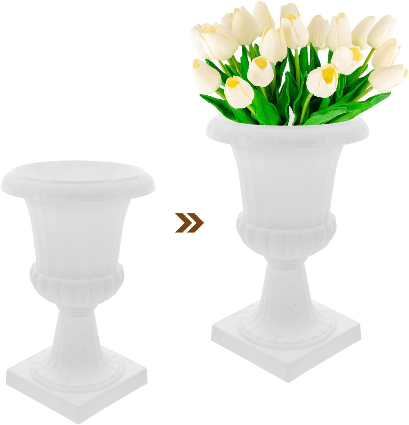 Yardwe 2 macetas de urna, maceta de plástico con pedestal blanco, contenedor de flores retro, maceta de boda para jardín, porche, balcón