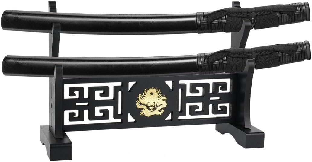 Five-Clawed Loong Wooden Sword Holder, Classical Chinese Stand for Swords, Dual-Layer Display Rack for Katanas, Wakizashis, and Lightsabers