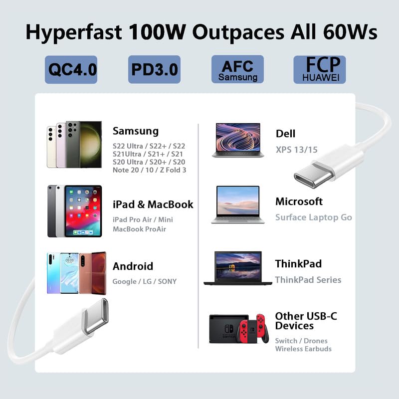 Cable USB C a USB C de 100 W, cable de carga USB C de 100 pies, cable USB C de carga rápida USB tipo C compatible con iPhone