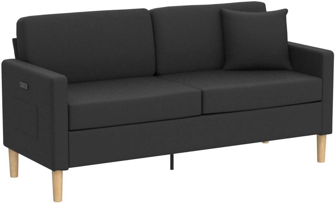 AILEEKISS Sofá biplaza de 66 pulgadas de ancho con 2 asientos USB de mediados de siglo, muebles de piel sintética, tapizado, sofá biplaza para sala