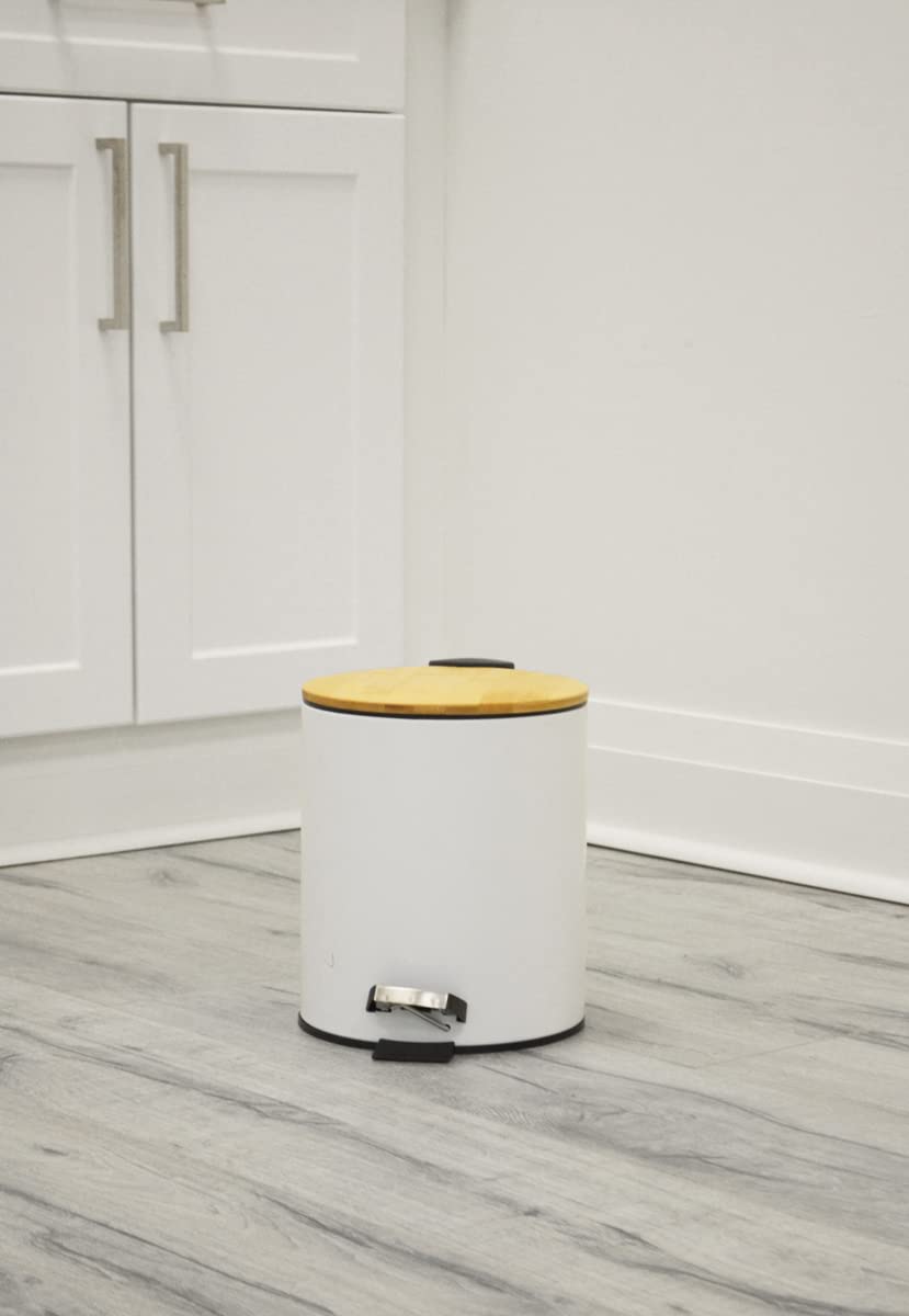 AQ Cubo de basura redondo de metal de 5 litros1.3 galones con forro extraíble y tapa de cierre suave, cubo de basura pequeño con pedal de basura