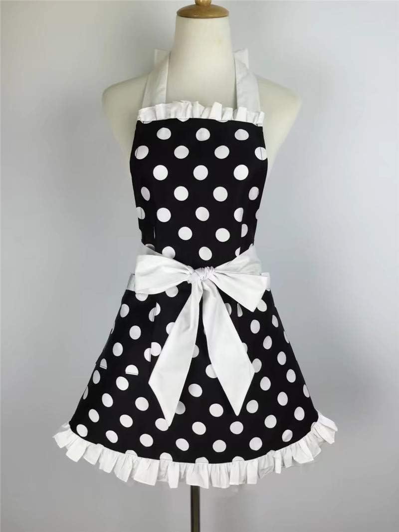 Hyzrz Lindo delantal retro negro con lunares retro con volantes laterales, delantales de cocina vintage con bolsillos para mujeres y niñas (lado