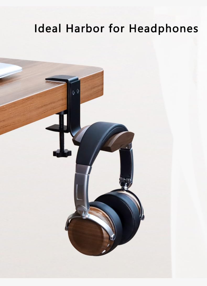 Soporte para auriculares con madera de nogal y metal sólido, soporte para auriculares de diseño ajustable compatible con todos los tamaños de