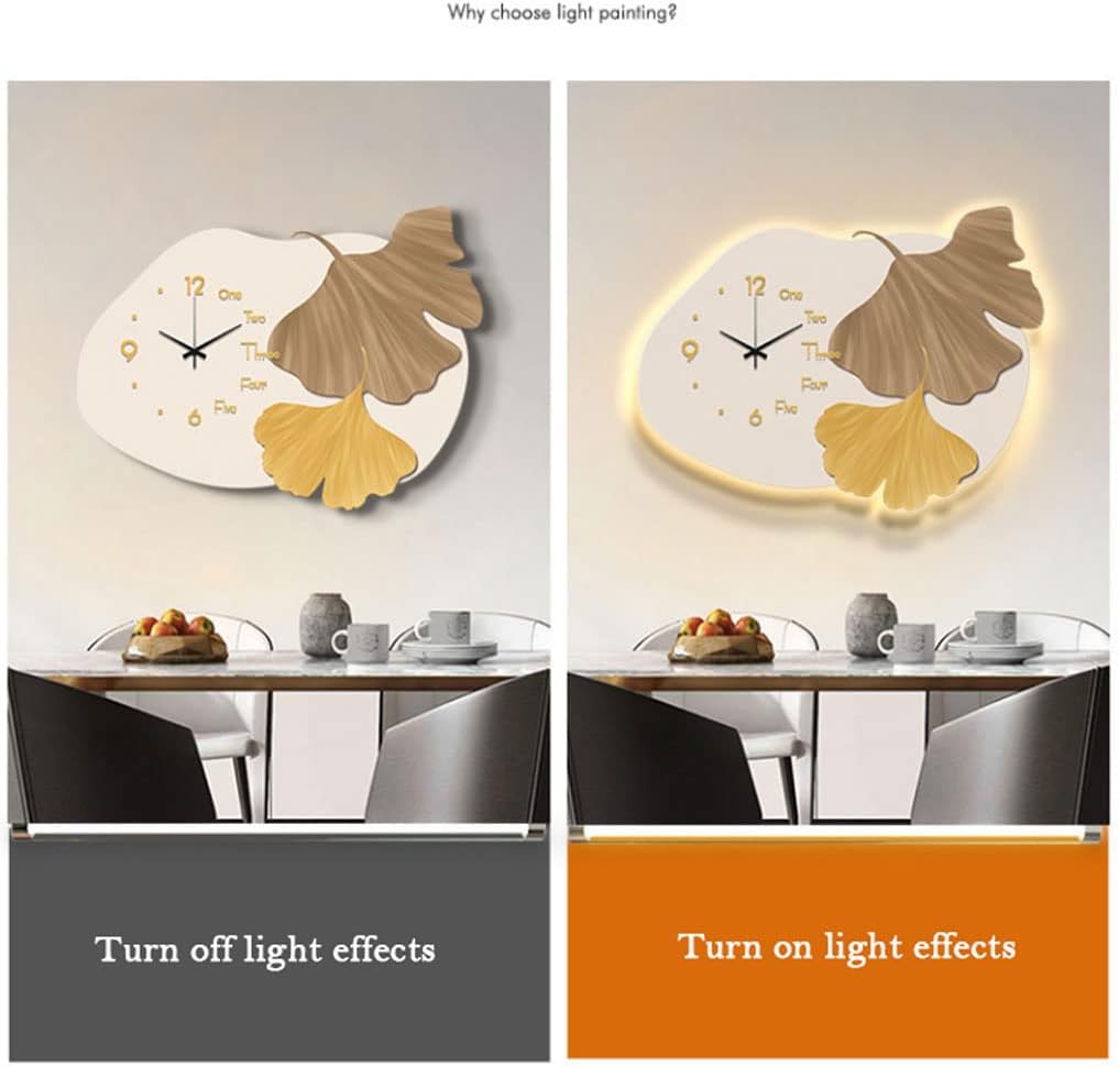 Reloj de pared – Reloj de pared con luz nocturna, silencioso, luminoso, Ginkgo Biloba, arte de pared, pintura decorativa, con control remoto y