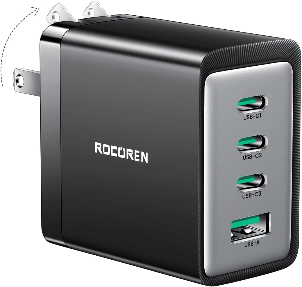 Rocoren Cargador USB C, doble 67 W GaN V Tech 4 puertos PD3.0 QC4.0 PPS cargador de pared USB C plegable de 65 W, bloque de cargador rápido