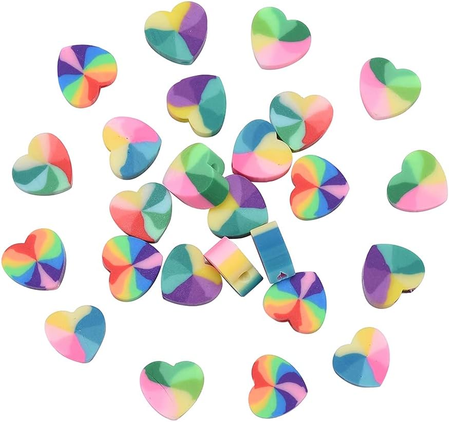 KitBeads 100 cuentas de corazón de polímero de arcilla arco iris en forma de corazón, cuentas espaciadoras de corazón de amor de arcilla para