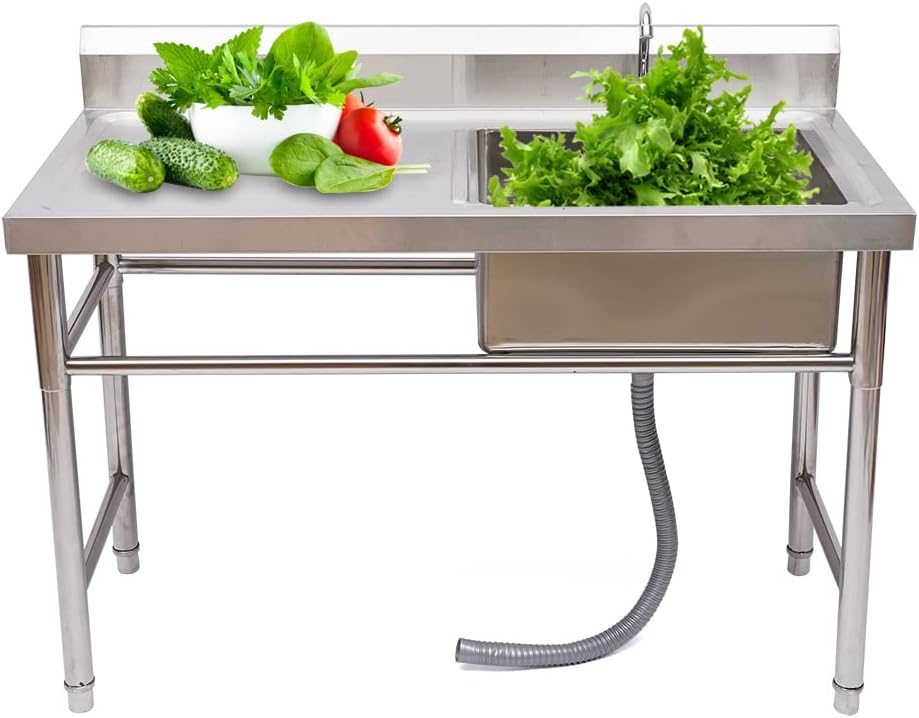 Fregadero de cocina de 1 compartimento, acero inoxidable de 47.2 x 23.6 x 31.5 in, juego de fregadero de restaurante, fregadero de cocina con un