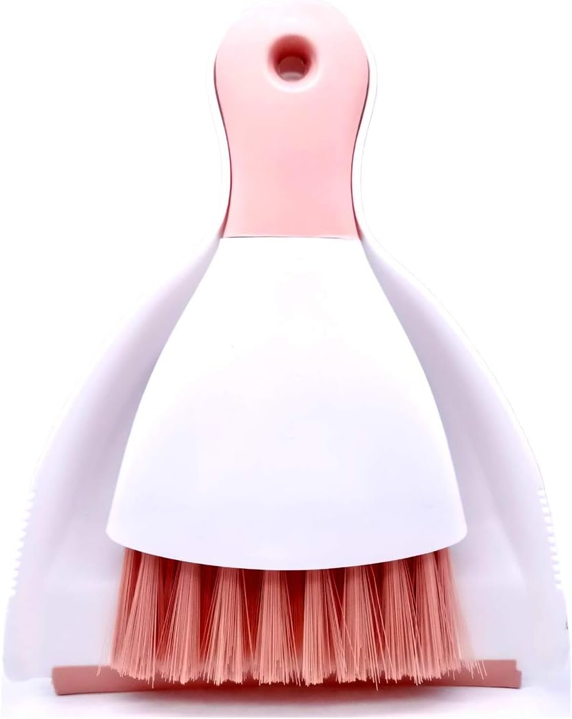 Mini cepillo de limpieza con juego de recogedor, mini escoba y recogedor de plástico, juego de limpieza de escritorio (rosa)